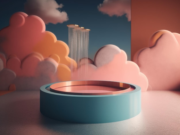 Rundes Podium mit Wolken und Kreisen, erstellt mit generativer KI-Technologie