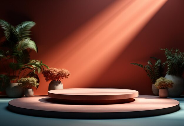 Rundes Podium vor blauem Lichtbild in minimalistischer Stilrichtung, basierend auf einer Installation, die mit Licht und Schatten in den Farben Hellblau, Orange und Rosa spielt