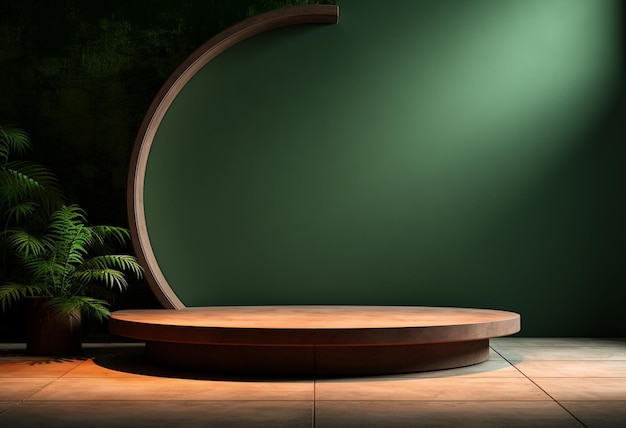 Rundes Podium vor grünem Licht. Bild im Stil einer minimalistischen Inszenierungsinstallation, die auf einem Spiel mit Licht und Schatten basiert