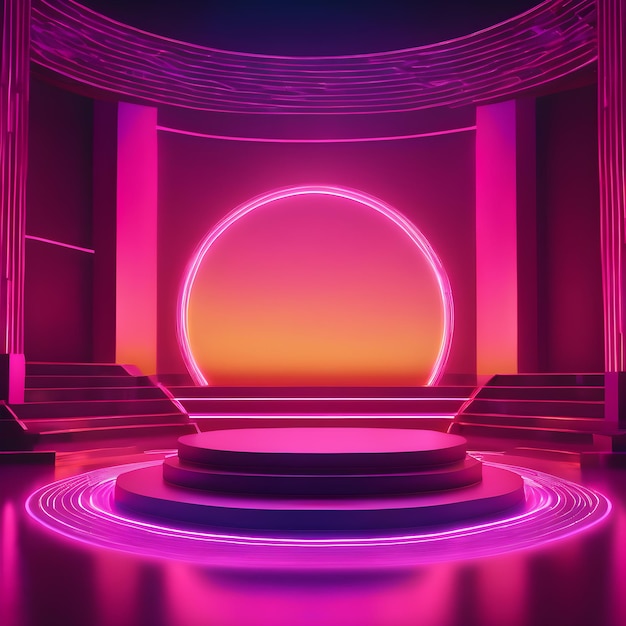 Rundes Synthwave-Podium mit Neon-Farblicht für die Produktpräsentation Generative Ai