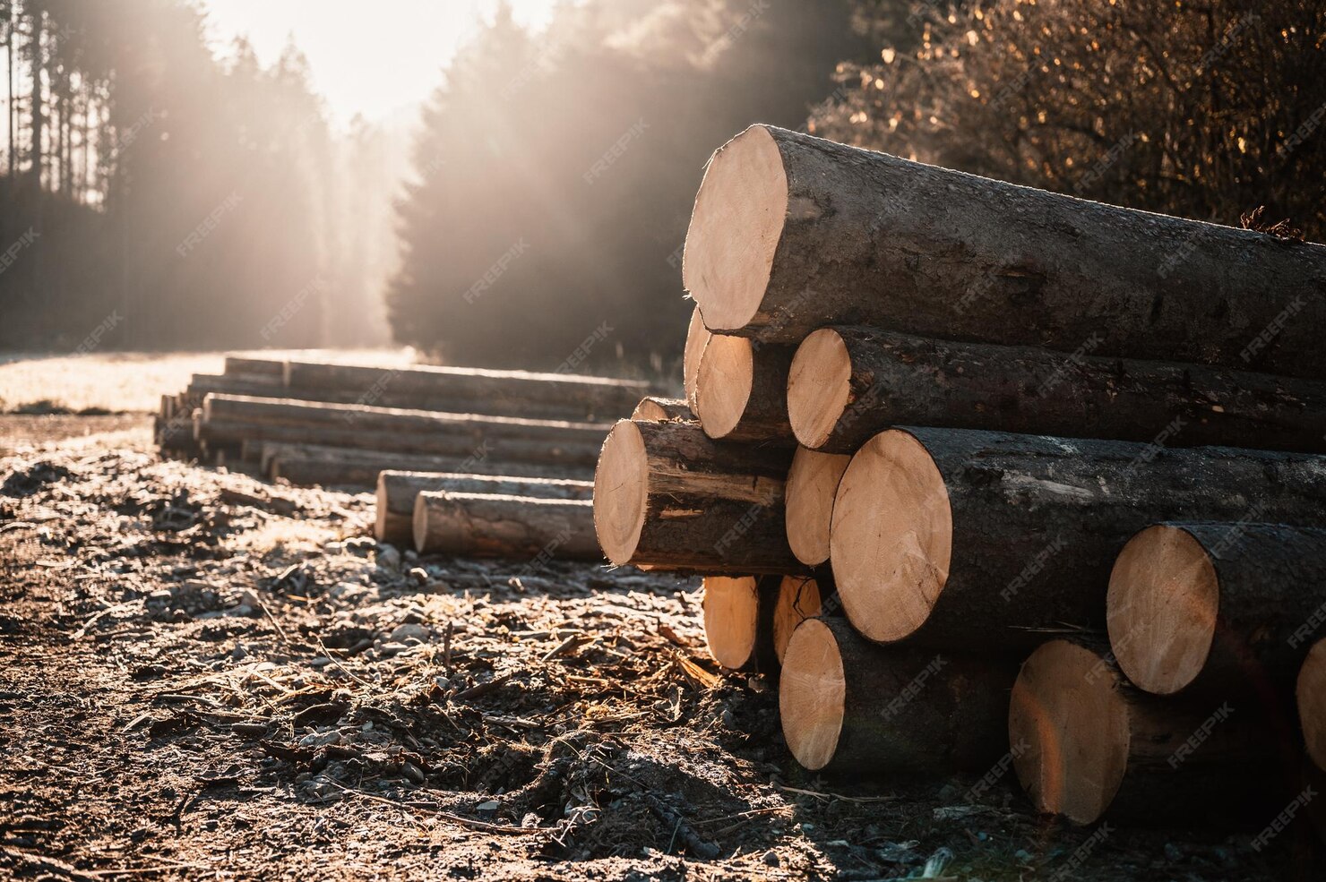 Rundholz Fichtenstämme stapeln Gesägte Bäume aus dem Wald Holzeinschlag