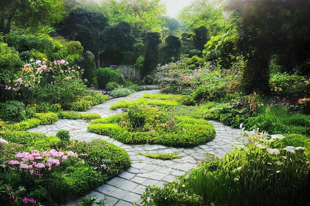 Rundweg im Garten mit hellen Blumenbeeten