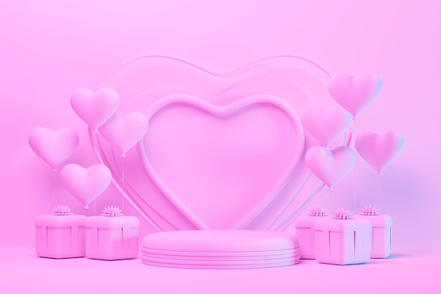Runway-Design mit Herz-Geschenkboxen und herzförmigen Luftballons Minimaler rosafarbener Hintergrund für Muttertag und Valentinstag 3D-Produkt Podium Podium