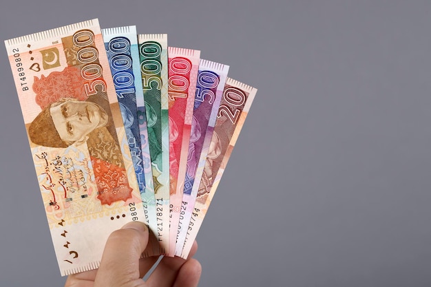 Rupias paquistanesas na mão sobre um fundo cinzento
