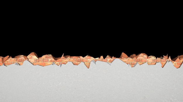 Ruptura em uma parede de tijolos coberta com gesso horizontalmente, ilustração 3d
