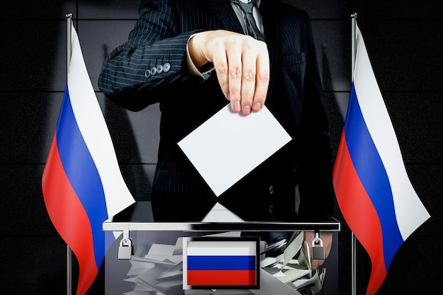 Rusia banderas mano cayendo tarjeta de votación elección concepto 3D ilustración