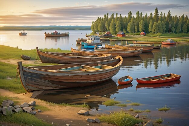 Rusia Karelia kizhi barcos de la isla en la orilla del lago Onega