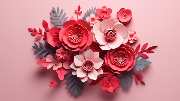 Ruso y rojo papel artesanía ramo de flores 3d ilustración generativa ai