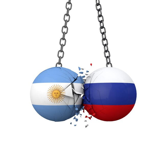 Rússia e argentina conceito de tensões políticas bandeira nacional bolas de demolição esmagam juntos d renderização