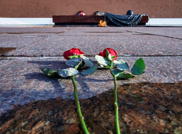 Rússia, Moscou, rosas vermelhas oferecidas a um altar militar no centro da cidade