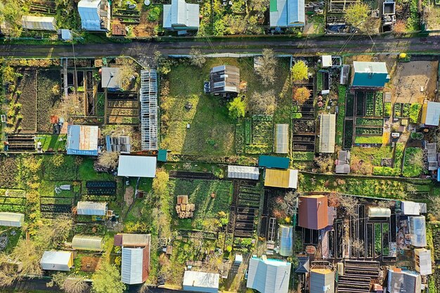 rússia pequenas casas e jardins jardinagem drone vista dacha