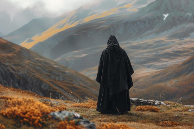 russisch-orthodoxer Mönch steht in den Bergen von seinem Rücken in den Bergen