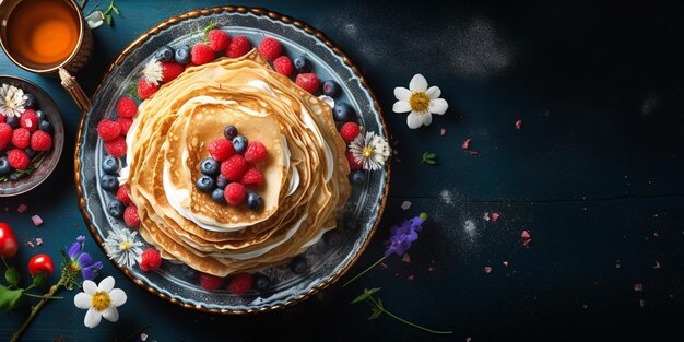 Russisch-ukrainischer europäischer Feiertag Maslenitsa Traditionelle dünne Crêpes-Pfannkuchen mit generativer KI