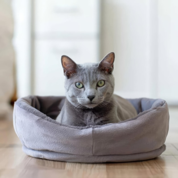 russische blaue Katze in einem Katzenbett