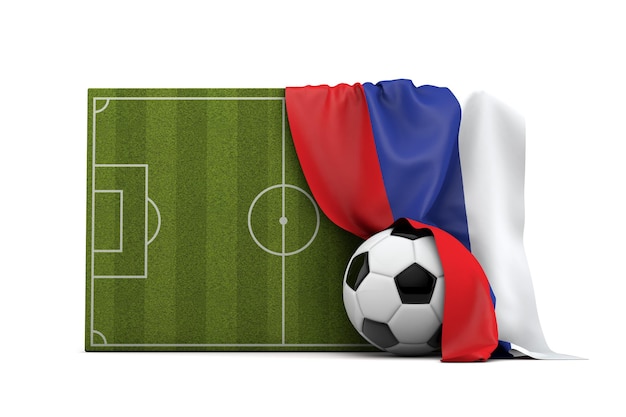 Russische Landesflagge drapiert über einem Fußballplatz und Ball 3D-Rendering