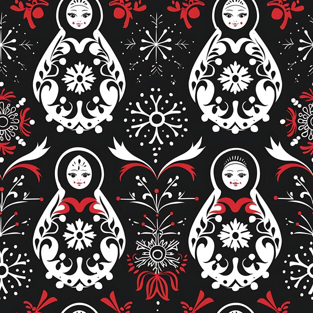 Russische Muster mit Matrjoschka-Puppen, Zwiebeldommen und Schneeschnürlosen Fliesen, National Art Design Ink
