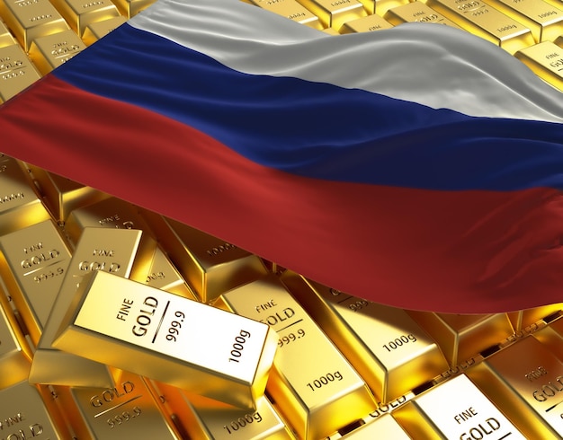 Russische Nationalflagge auf goldenen Barren