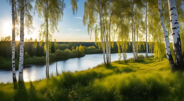 Russische Natur mit weißem Birkenfluss und blauem Himmel