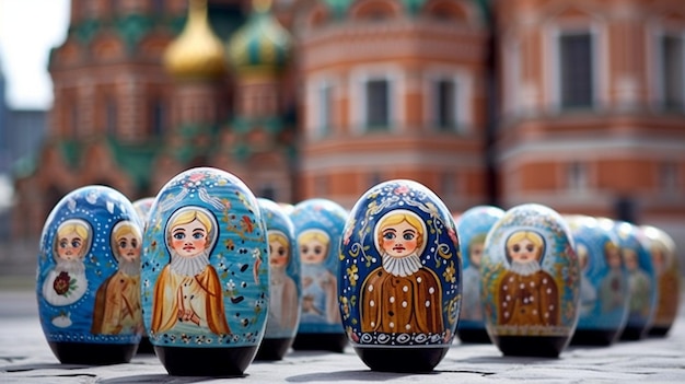 Russische Nistpuppen vor der St. Petersburger Kirche der Auferstehung Christi Generative KI