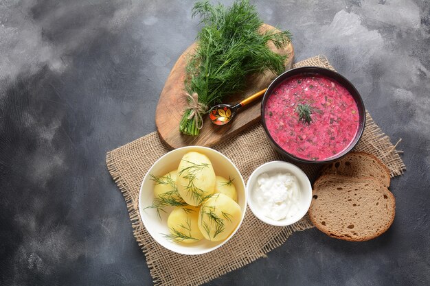 Russische und ukrainische Rote-Bete-Cremesuppe mit Gurke, Radieschen, Kartoffeln und Ei.