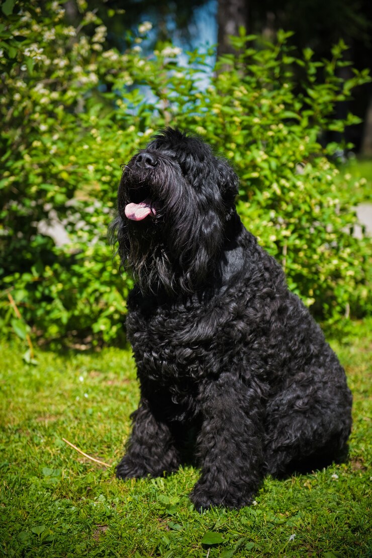 Foto russischer schwarzer terrierhund auf natur. hundemantel ist hart und dicht.