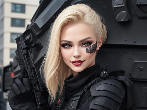 Russisches blondes Model mit schwarzem SWAT-Outfit und Haaren