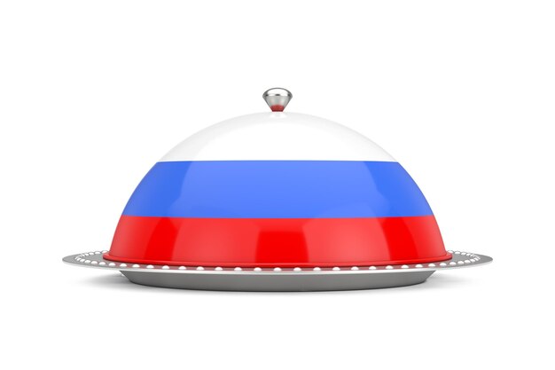 Foto russisches lebensmittelkonzept silberplatte und lebensmittelabdeckung restaurant cloche mit russischer flagge 3d-rendering