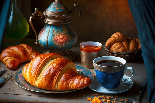 Russisches Snackcroissant am Morgen auf dem Tisch