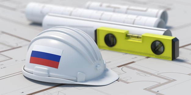 Russland-Flagge Architekt Ingenieur Hardhat auf Projektplan plant 3D-Darstellung