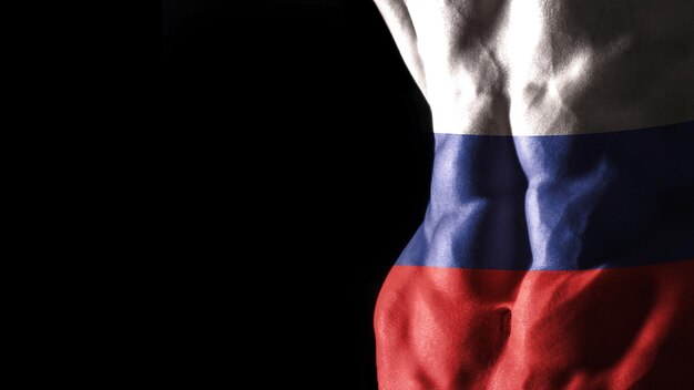 Russland-Flagge auf Bauchmuskeln Nationalsporttraining, Bodybuilding-Konzept, schwarzer Hintergrund