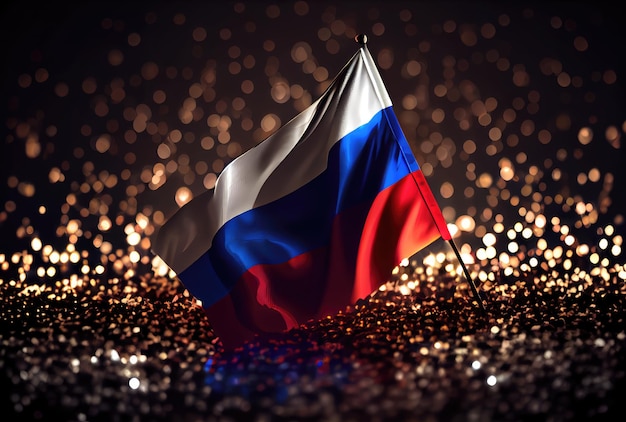Russland-Flagge mit bunt glänzendem Bokeh-hellem Hintergrund Nationalflagge im Dunkeln mit Beleuchtungslicht Nationalfeiertagskonzept Generative KI