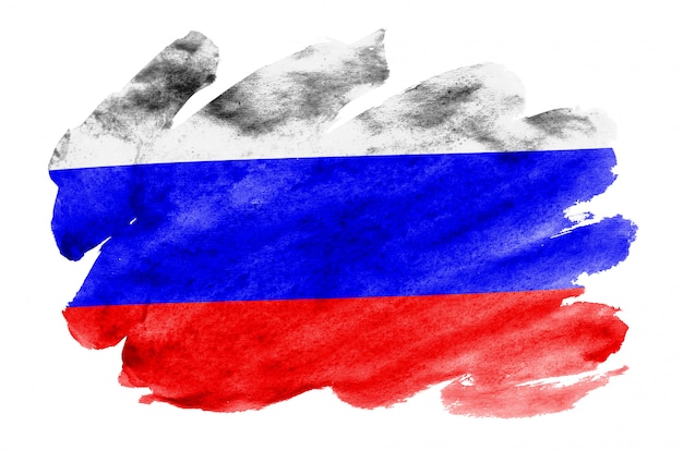 Russland-Flagge wird in der flüssigen Aquarellart dargestellt, die auf Weiß lokalisiert wird