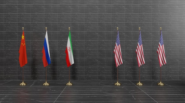 Russland, Iran und China gegen USA, China Russland und Iran verbünden sich auf der US-Flagge