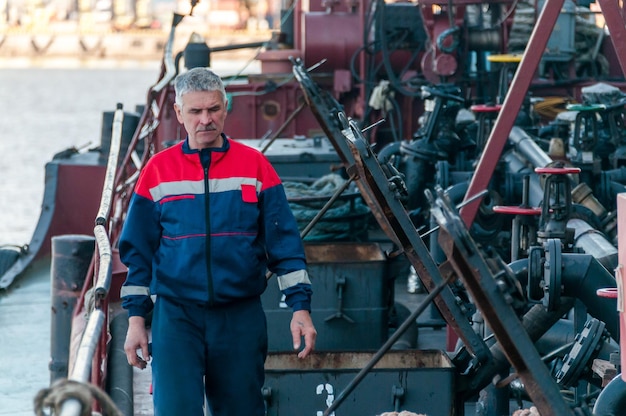 Russland Sankt Petersburg Mai 2021 Ein Arbeiter in Marineuniform auf dem Deck eines Öltankers in der Bucht im Hafen