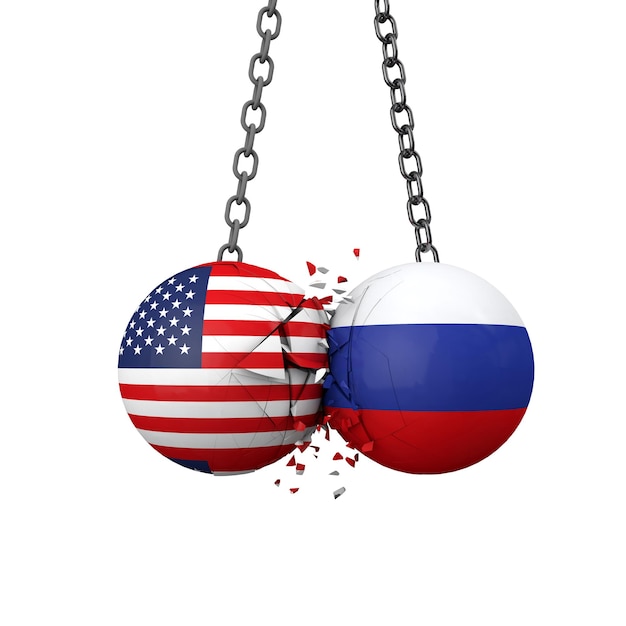 Russland und die usa politische spannungen konzept nationalflaggen-abrissbirnen zerschlagen zusammen d-rendering