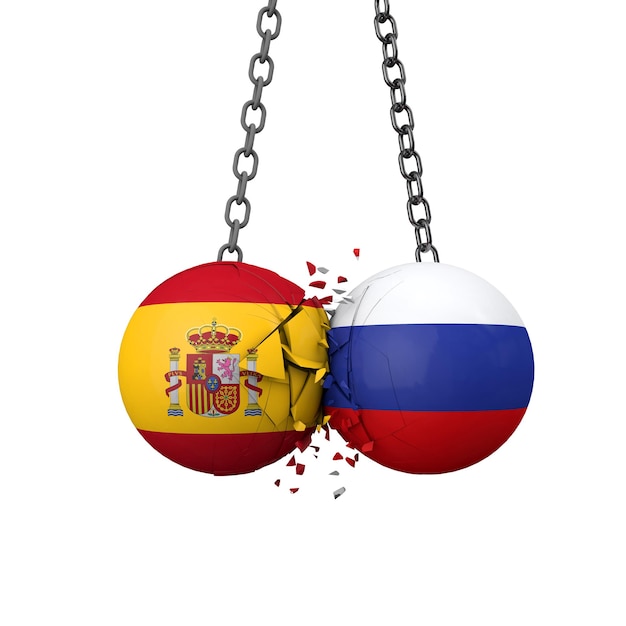 Russland und spanien politische spannungen konzept nationalflaggen-abrissbirnen zerschlagen zusammen d-rendering