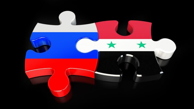 Russland und Syrien Flaggen auf Puzzleteilen. Politisches Beziehungskonzept. 3D-Rendering