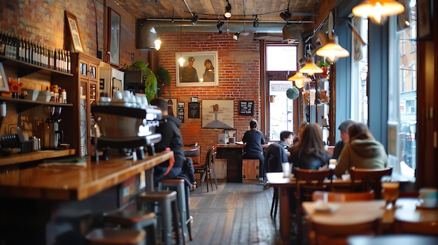 Foto rustic coffee shop interior with brick walls wooden tables and chairs and a large painting of a woman on the wall