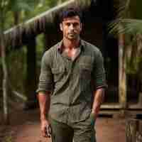 Foto rustic jungle vibes indian male model rocks washed stripe shirt com cargo bottom em 7k photoshoot