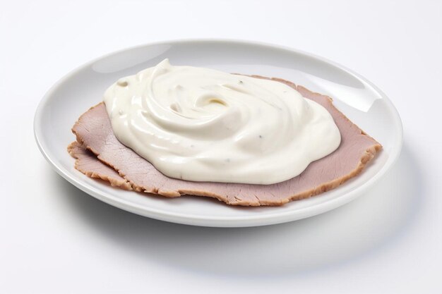 Foto rustic vitello tonnato con salsa cremosa sobre un fondo blanco