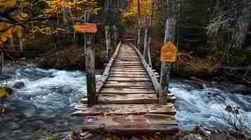 Foto rustica ponte de madeira sobre um rio de aguas turbulentas cercada por arvores com folhas amarelas no autono