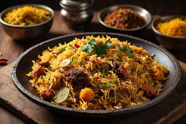 Un rústico plato de madera de biriyani sindhi servido con