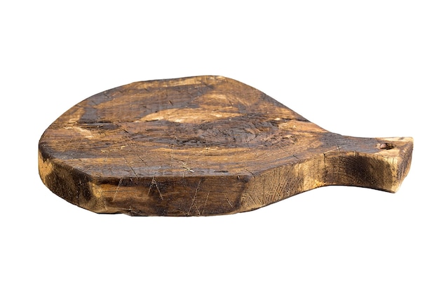 Rústico velho, redondo, com alça e cantos, detalhe em madeira flutuante, vintage, cozinha, tábua de cortar madeira,