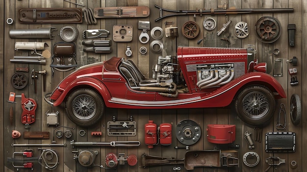 Foto rustiger roter retro-auto mit creme-innenraum, umgeben von vintage-autoteilen auf einem hölzernen hintergrund
