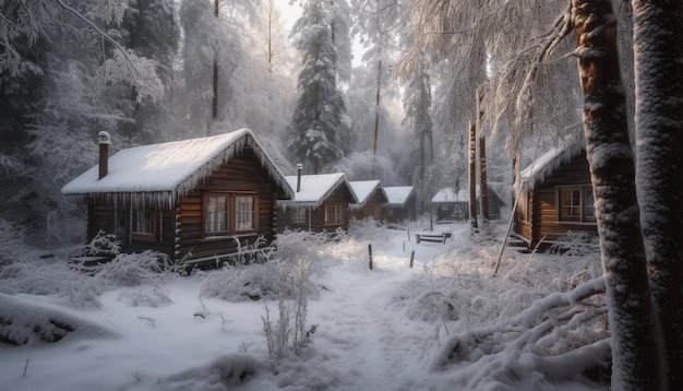 Rustikale Blockhütte im verschneiten Wald, eine ruhige Winterszene, generiert von KI