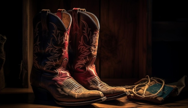 Rustikale Cowboystiefel aus Leder mit glänzenden Sporen für Outdoor-Mode, generiert durch künstliche Intelligenz