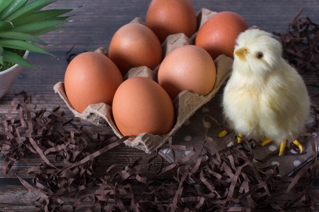 Rustikale Eier in einem Käfig mit kleinen Hühnern Osterferienkonzept Osterkarte