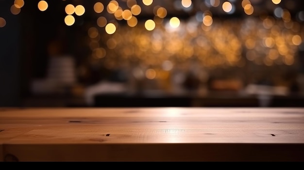 Rustikale Eleganz Produktvitrine auf Holztischplatte mit Bokeh Lights Generative ai