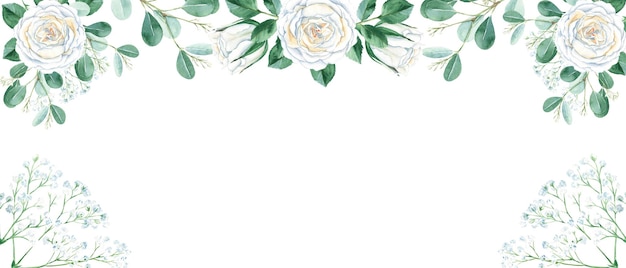 Rustikale Hochzeit Aquarell Banner weiße cremige Rosen Eukalyptus und Gypsophila Zweige isoliert auf