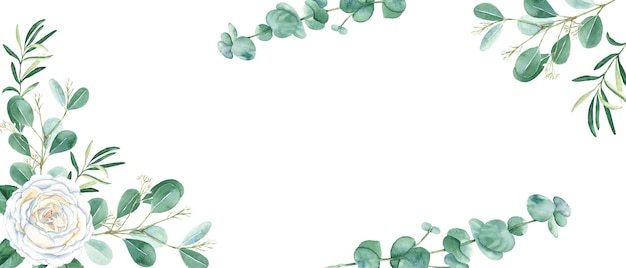 Rustikale Hochzeit Aquarell Banner weiße cremige Rosen Eukalyptus und Olivenzweige isoliert auf weiß